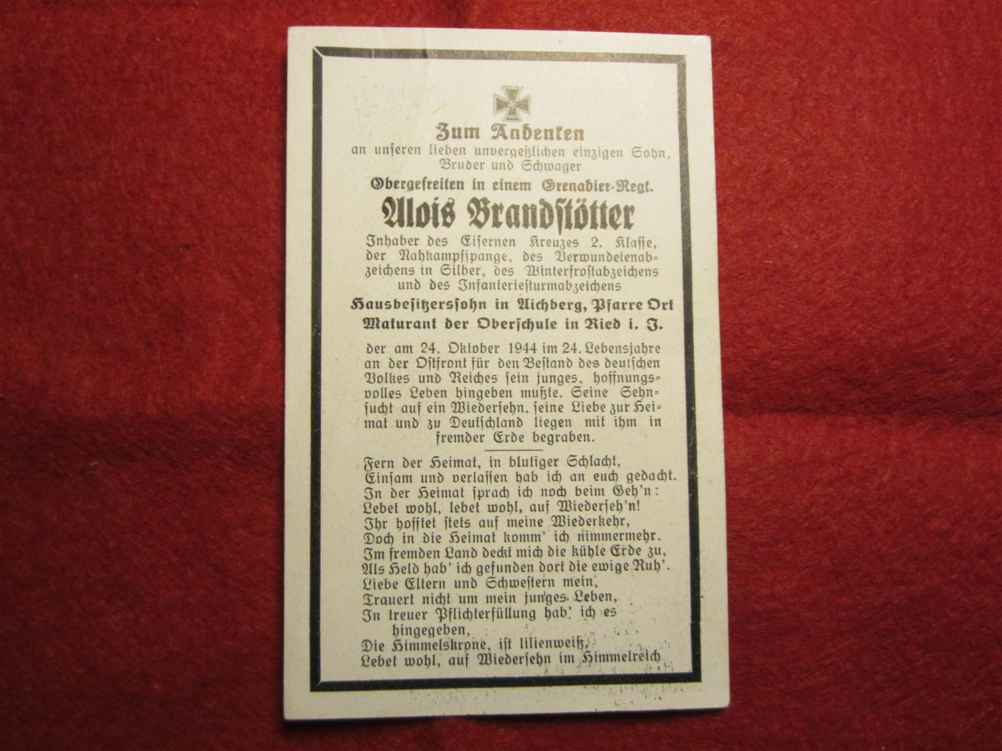 WW2 German WH Death Notice